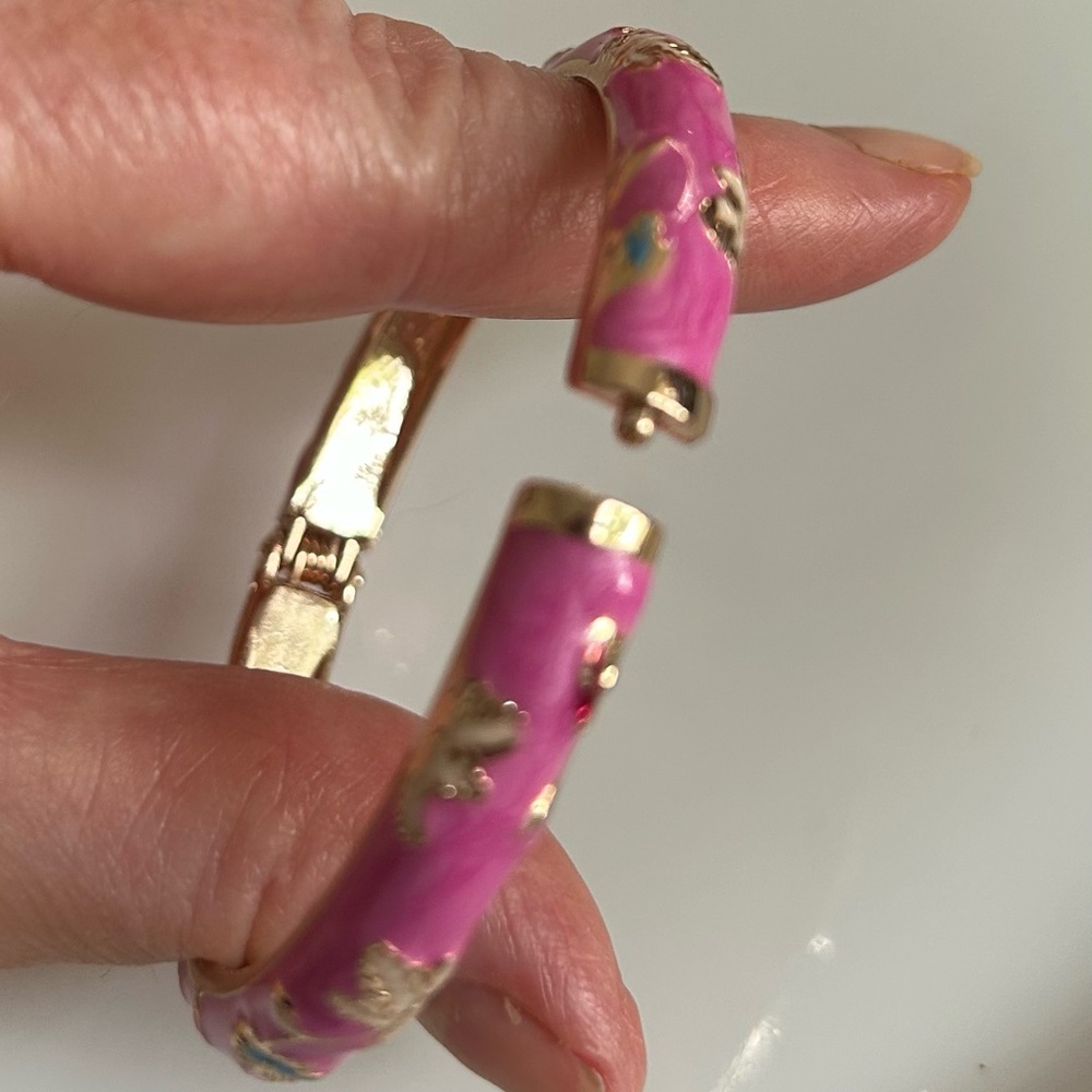 Jui Long Jing Pink Enamel and Gold Tone Metal Floral Bangle - Picture 4 of 7
